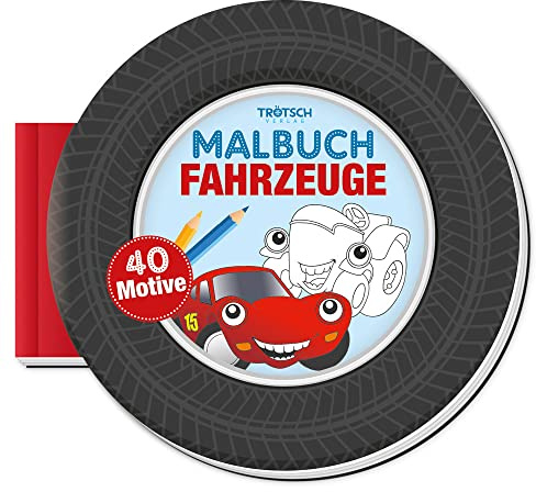 TRÖTSCH - Malbuch Fahrzeuge | Handliches Malbuch mit 40 lustigen Fahrzeugen zum Ausmalen: Ausmalbuch mit fühlbarem Autoreifenprofil für ein besonderes Ausmalerlebnis | Ab 3 Jahren