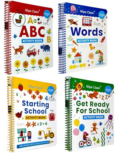 Wipe Clean Early Learning Activity Books Set for Kids (4 Books Collection) | ABC, Words, Starting School & Get Ready for School | Reusable Writing Practice with Pen