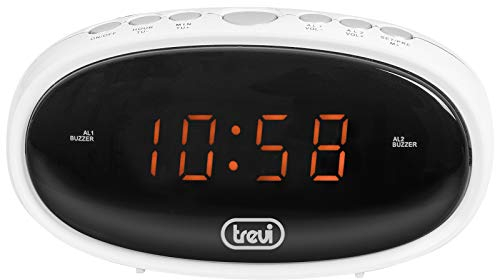 Trevi EC 880 Sveglia da Comodino con Display LED, Orologio Digitale con Due Allarmi Programmabili, Suoneria Elettronica, Funzione Dimmer e Snooze, Vano Anti-Blackout, Bianco