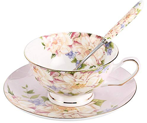 JinGlory Pink Tea Cup,Floral Tea Cup and Saucer Set,Bone China Tea Set,Coffee Cup,Tea Set for Adults/Friends/Women/Men,7OZ