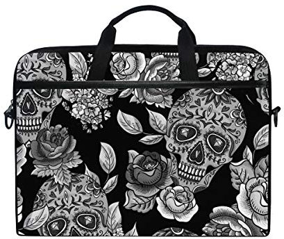 ISAOA Skull and Flowers Monochrome Laptop Bag,Light Weight Shoulder Bag Laptop Messenger Bag Case Sleeve for 14-15.6 inch Notebook Computer Bag for Travel/Business/School