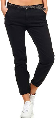 Sublevel Damen Boyfriend Chino Hose LSL-247/LSL-393 Stoffhose inkl. Gürtel Black M