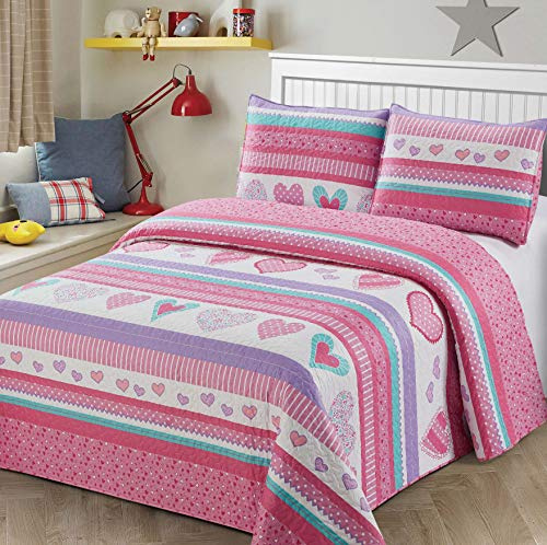 KIDS ZONE HOME LINEN 3-teiliges Bettwäsche-Set für Queen-Size-Betten, Kinder/Teenager, Herzen, Rosa/Violett/Lavendel, Weiß
