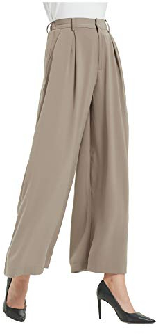Damen Hose Weites Bein Frauen Lange Hose mit Taschen Einfarbig Lose elastische Hohe Taille Freizeithose Business-Arbeitshose für Freizeit Arbeit Büro(L,Mokka)