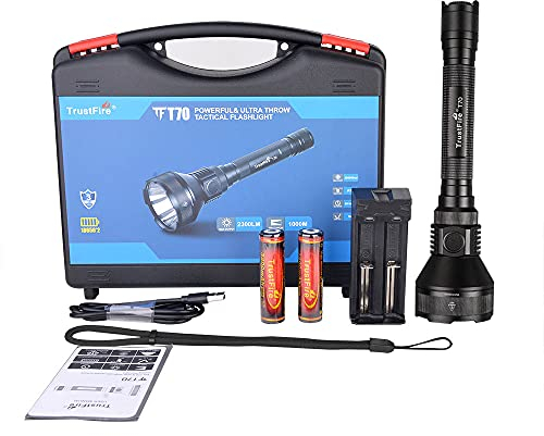 TrustFire T70 Kit-2 - Linterna led de 2300 lm con led CREE XHP-35 HI y alcance de 1000 m, 2 pilas 18650 de 3400 mAh y 1 cargador de pilas USB TR-016