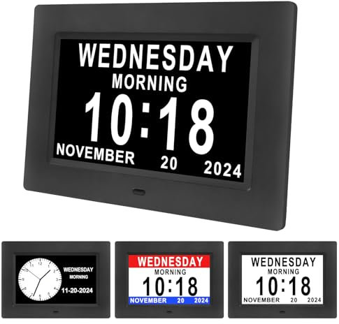 Johnziny 7'' Dementia Clocks with 12 Alarm Options, Digital Clock with Date and Day for Elderly,Large Clear Digits,Auto-Dim, 4 Diaplay, Digital Calendar Day Clock for Seniors (Black)