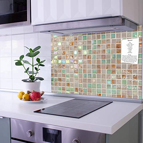 banjado Küchenrückwand Glas ohne Bohren 60x40cm – Glasrückwand Küche mit Motiv Grüne Fliesen/Spritzschutz Küchenrückwand Glas/selbstklebende Küchenrückwand Platte - magnetisch & beschreibbar
