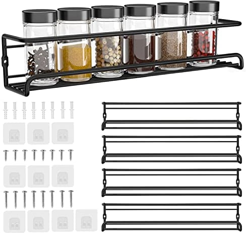 HOAENTSA Spice racks Organiser 4 Tier Metal Wall Mounted kitchen Spice shelf for Kitchen&inside cupboard Spice Jars and Condiments tidy Storage (Black)
