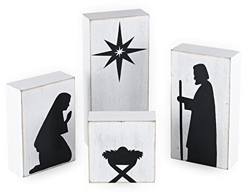 Ornativity Weihnachtskrippe aus Holz, schwarze Weihnachts-Silhouette, Weihnachtsfiguren auf weiß lackierten Holzblöcken, für den Innenbereich, Krippe, Tischregal, Sitzer, Kaminsims, Tafelaufsatz,