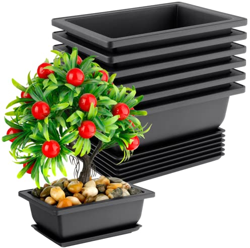 Bonsai-Topf 16.5 cm, 6 Packungen Rechteckige Bonzai Trainingstöpfe mit Ablaufschalen, Kunststoff Blumentopf Feuchtigkeitstabletts, Quadratischer Topf für Wohnzimmer, Büro, Hof, Innenbereich, Balkon