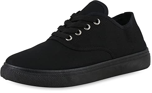 VAN HILL Damen Sneaker Low Bequeme Freizeit Schuhe Flache Basic Schnürer Stoffschuhe Schnürschuhe 206096 Schwarz 39