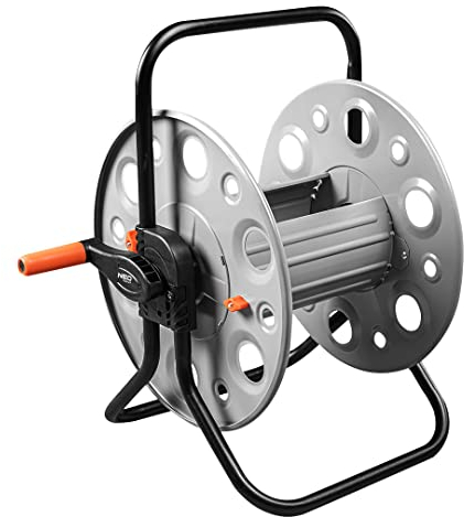 NEO TOOLS Schlauchtrommel bis 100 m Gartenschlauch (1/2) - Grau/Orange Schlauchhalter aus aus Metall | Verhindert Schlauchknicken, Stabil und Langlebig