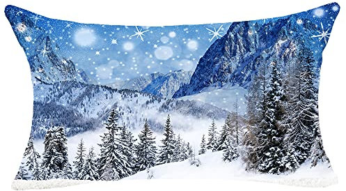 ITFRO Wintergeschenk, Frohe Weihnachten, Schneeflocke, Schnee, Tannenbaum, Baumwollleinen, Lendenwirbelkissen, Kissenbezug, Couch, Sofa, Taille, dekorativ, länglich, 30,5 x 50,8 cm, Himmelblau