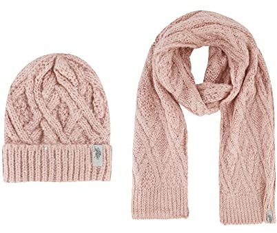 Concept One Damen U.S. Polo Assn Mütze Set, Diamant Pailletten Zopfmuster Wintermütze und Schal Beanie, Helles Pink, Einheitsgröße