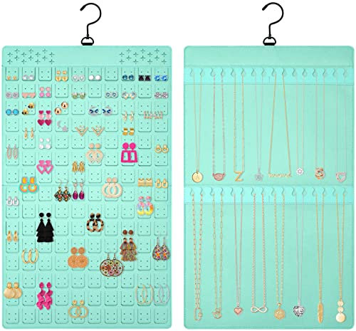 KMEOSCH Doppelseitiger Schmuck-Organizer zum Aufhängen, mit Aufhänger für Schrank, verhedderungsfreier Filz, für Halsketten, Ohrringe, Halter für 300 Ohrringe und 30 Halsketten über der Tür