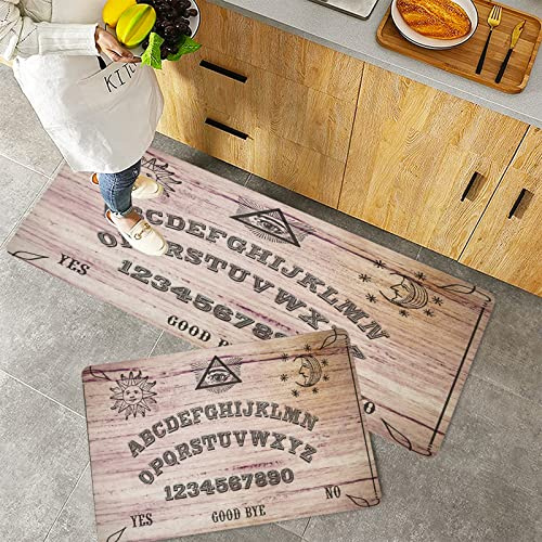 Küchenteppich Teppich Läufer Küchenläufer 2 Stück,Ouija-Brett Holzstruktur Sprechendes Geisterbrett mit Buchstaben in dunklem Taupe-Beige und warm,Rutschfest waschbar für Flur Küche 40x60 cm+40x120 cm
