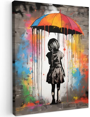 MuchoWow© Leinwände 50x70 cm Wall Decoration Bilder Schlafzimmer Deko Pictures Canvas Painting Wanddekoration Wohnzimmer Banksy - Street Pop Art - Kunst - Regenschirm - Graffiti - Farben