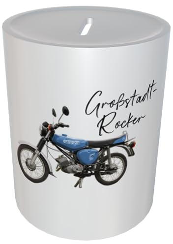 Personalisierte Moped-Spardose - Lustige Geschenkidee für Simson-Fans (Großstadt-Rocker blau)