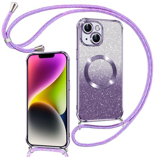 Phoona Hülle für iPhone 14 mit Band, Lila | [Kompatibel mit MagSafe] Luxuriöse Glitzer Beschichtung Magnetische Handyhülle zum Umhängen Kordel Silikon Stoßfest