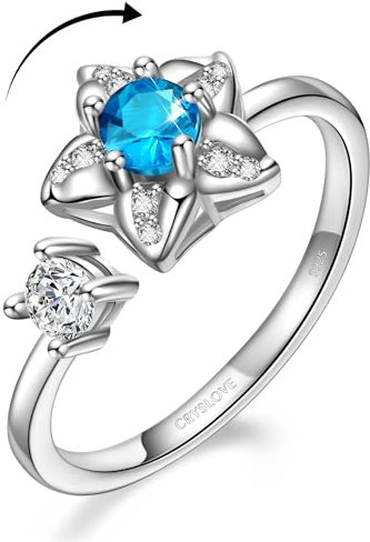 CRYSLOVE Angst Relief Ringe für Frauen Mädchen 925 Sterling Silber Geburtsstein Blume Ringe Einstellbare Offene Stapelbare Knuckle Hochzeit Verlobungsringe mit Geschenk Boxed
