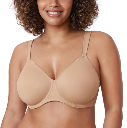DELIMIRA Women's Non-Padded Minimiser Bras Full Coverage Seamless Underwire Plus Size Smooth T Shirt Bra Taupe Tan 38G