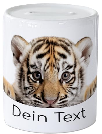 GRAZDesign Spardose Baby Tiger mit Name personalisiert, Geldgeschenk für Mädchen und Jungen aus Keramik