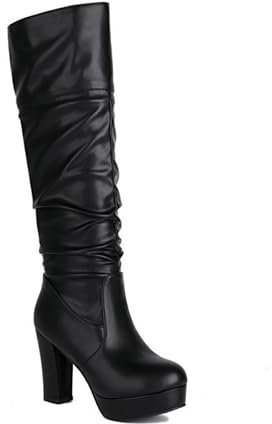 LeaHy Women's Knee High Boot Fashion PU Leather Platforms Block Heel Stretchy High Heeled Boots Mid Calf Boots,Black,7 UK