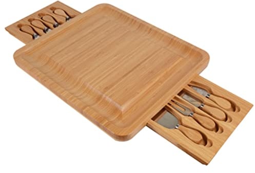 SOBOUR Spacieux Ensemble de Planches à charcuterie et de Couteaux en Bambou, Planche à Fromage avec tiroir caché et rainure à jus pour Le vin, Les craquelins, Le Brie et la Viande Multifonction