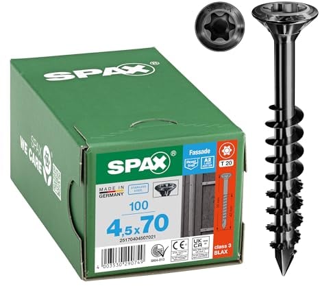 SPAX Fassadenschraube, 4,5 x 70 mm, 100 Stück, Teilgewinde, Linsensenkkopf, T-STAR plus T20, CUT-Spitze, Edelstahl rostfrei A2 BLAX - 25170404507021