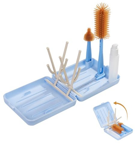 Travel Bottle Cleaner Kit with Bottle Drying Rack, Baby Bottle Brush Set for Baby Travel Essential, Blue