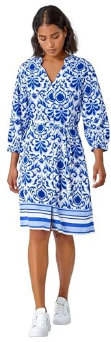 Roman Originals Shirt Dress for Women UK- Ladies Long Sleeve Belted Collared Midi Maxi Winter Autumn Smart Casual Button Through Evening Office A Line Swing Skater - Royal Blue White - Size 12