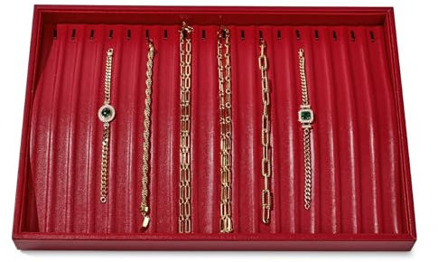 Papten Stackable Necklace Jewelry Tray Organiser PU Leather Jewelry Display Storage Tray for Bracelet Long Chain Necklace(Red)