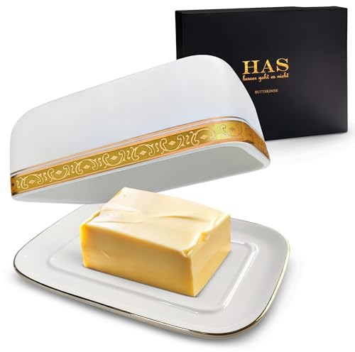 HAS Beurrier en céramique blanc pour 250 g de beurre, bol et cloche à beurre avec bord doré de très haute qualité – Beurrier et récipient à beurre pour le rangement, passe au lave-vaisselle