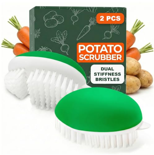 2 Pcs Vegetable Brush Scrubber - 2.3 x 3.9 Potato Brush Scrubber for Food with Ergonomic Design, Crack-Resistant Frame, Soft & Stiff Bristles for Effective Cleaning - Versatile for Mushrooms, Apples