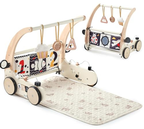 OESSUF 3 in 1 Baby Holz Lauflernhilfe Spielbogen Gym Spieldecke mit Sensorik Spielzeug, Drehzahl Lauflernwagen Spielbögen Baby Baumwolle Waschbar Rutschfest krabbeldecke für neugeborenes ab 0+ Monate