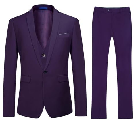 YOUTHUP Tuta da uomo, slim fit, 3 pezzi, per matrimonio, business, tuta da uomo, giacca, viola., L
