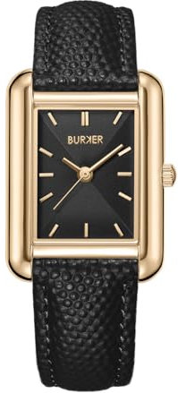 BURKER Damenuhr Olivia, Quadratische Damen Armbanduhr Lederarmband Edelstahl Analog Quarz 3-ATM Wasserdicht - 29 mm - Gold Schwarz Leder