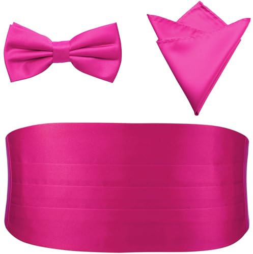 PenSee Mens Formal Solid Pre-tied Bow Tie & Pocket Square & Cummerbund Set Tuxedo Bow Ties for Men Hot Pink Medium