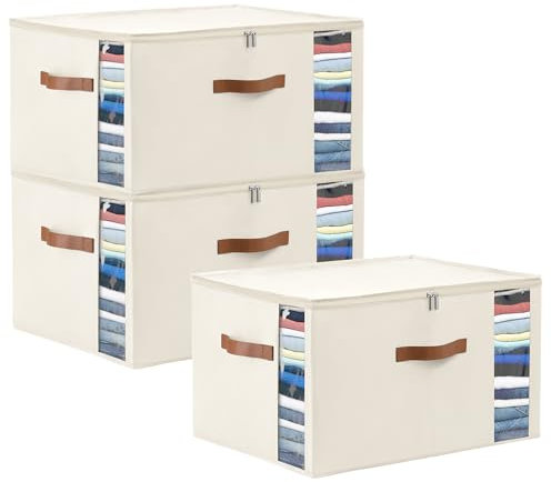 WELTRXE 3 Pack 65L Storage Boxes with Lid, Zip, Foldable Wardrobe Storage Organiser, Oxford Fabric Moving Bag for Clothing, Bedding, Blanket, Duvet, Cream