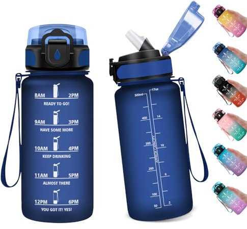 Trinkflasche Sport 500ml, Trinkflasche mit Strohhalm, Wasserflasche Sport Auslaufsicher mit Zeitmarkierung, Trinkflaschen Kohlensäure Geeignet, Sportflasche für Fitness, Gym, Schule, Outdoor, Yoga