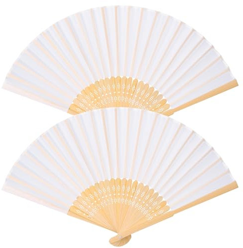 Leikedun 2 Pack White Silk Fabric Hand Fans, Chinese Fan, Folding Hand Fan Handheld Fan for Wedding, Preference, Performance, Dancing,Home Decoration
