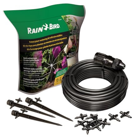 Rain Bird POTTEDKIT Récipient d'irrigation goutte à goutte/kit d'arrosage pour plantes en pot, se connecte au robinet/tuyau d'arrosage, tuyau d'égouttement de 6,35 mm, micro bulleurs à 360°, raccords