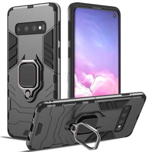 RIIMUHIR Hülle für Samsung Galaxy S10, Panzerhülle mit 360° Metall Ring Ständer, Kratzfestes Stoßfest Hart Handyhülle, Armor Hülle mit Kameraschutz (Schwarz)