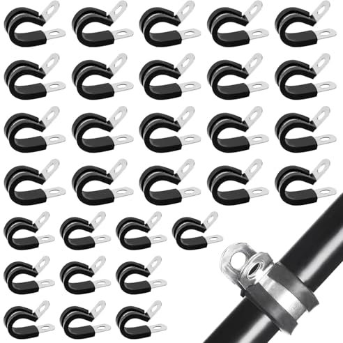 SHUOHONG 30 Pezzi Fascette Stringitubo con Inserto in Gomma, P Clips Morsetto per Cavi in Gomma, Fascette Fermacavi per Cavi in Metallo Acciaio Inossidabile, Fascettes In Acciaio ø 8mm