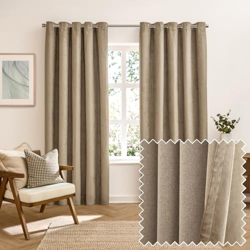 furn. Verso Blackout Eyelet Curtain Pair – Reversible Ring Top Light Blocking Suede Drapes (Mocha - 168x183cm)