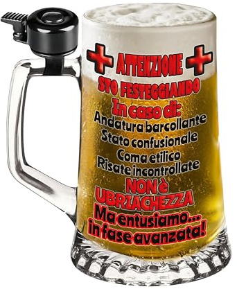 Boccale da Birra in Vetro con Campanello – Stampa Colorata “ATTENZIONE STO FESTEGGIANDO IN CASO DI…” con Situazioni Divertenti – Idea Regalo Spassosa per Amici e Feste