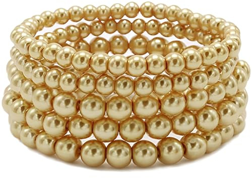 Faux Perlen Armband Set für Damen Frauen Women Strecken Armbänder Schmuck Faux Pearl Beaded Stretch Bracelets 5 stk Size 6-8 MM