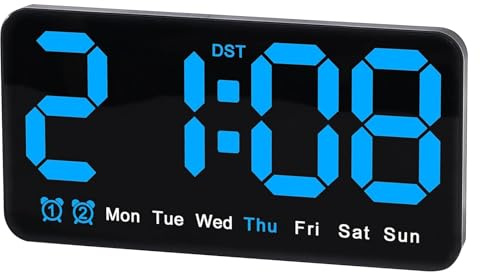 WORLUDE Digital Wall Clock - 8.5 Inch Large Display LED Alarm Clock with Snooze, Date Week Temperature Double Alarm, 3 Brightness Adjustable for Bedroom Office Children's room(Blue)