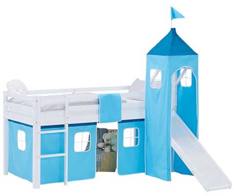 Homestyle4u Hochbett 90x200 cm mit Rutsche, Turm & Vorhang, Kiefer Weiß | Stabiles Kinderbett aus Massivholz mit Leiter - Platzsparendes Spielbett & Jugendbett - Sicherheitsnorm EN 747-1/2