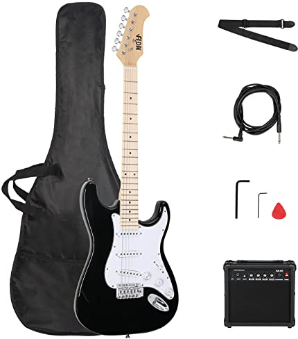 LEADZM E Gitarre Set, 39 Zoll Electric Guitar mit 20W Lautsprecher, Inklusive Gitarrentasche, Plektrum, Gurt, Verbindungskabel, Geeignet für Anfänger (Schwarz)